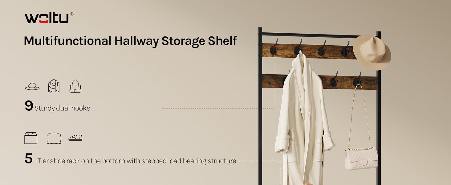 Text reads 'WOKU Multi-functional Hallway Storage Shelf' with care icons and product details. Image shows beige wall-mounted shelf displaying folded textiles and storage items in an entryway.
