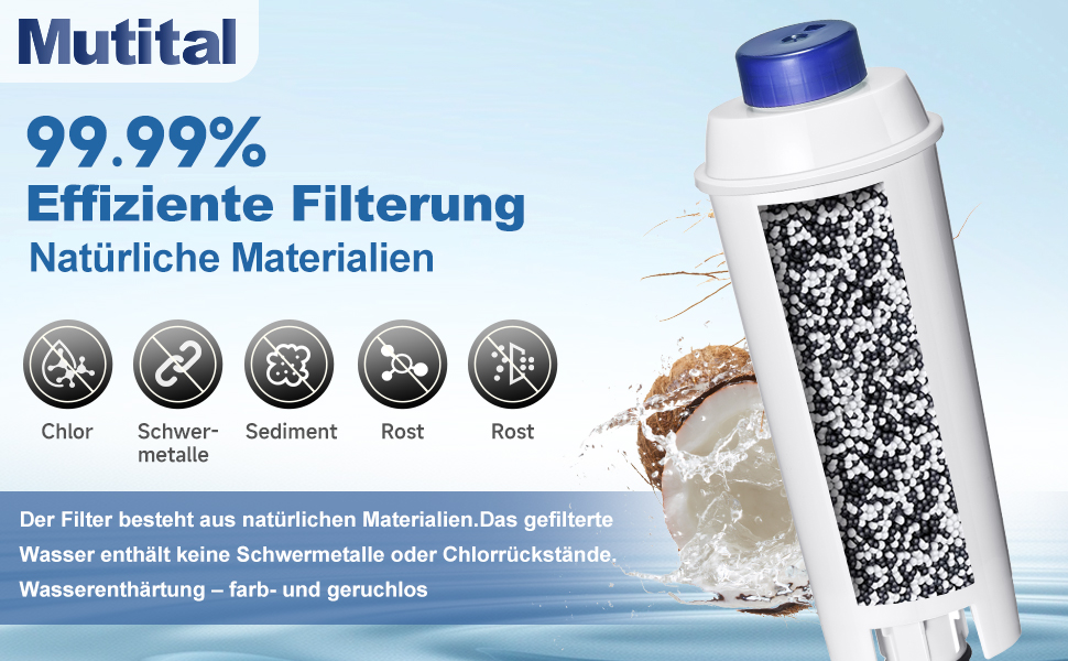 Werbung für Mutital-Wasserfilterflaschen, die zeigt, dass die Filtration mit natürlichen Materialien zu 99,99% effizient ist.
[SENTENCE 2] Mit Symbolen für eine klare, chemikalienfreie, Sediment