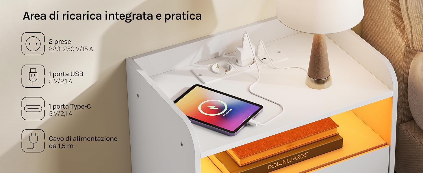 Il testo recita «Area di ricerca integrata e pratica» con quattro icone sottostanti che mostrano le caratteristiche. Dispositivo bianco con smartphone con icona arancione, matita gialla accanto su una superficie beige.