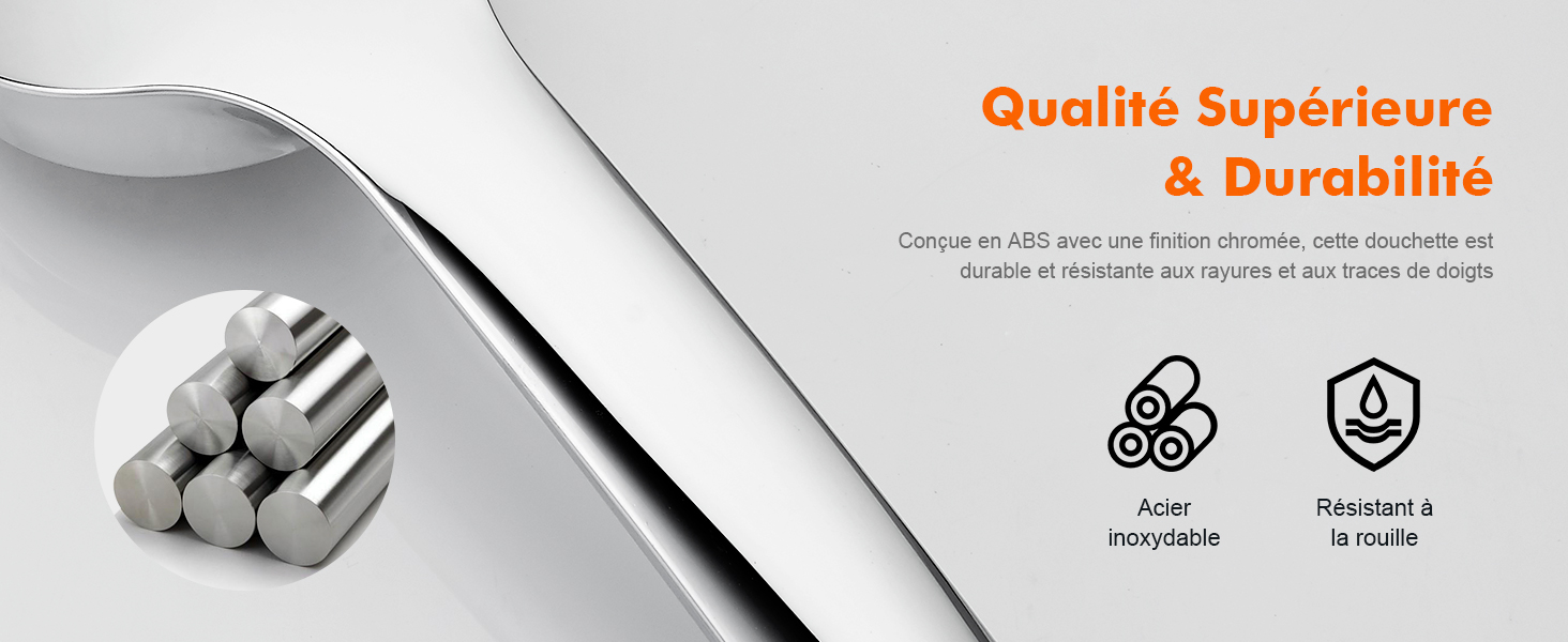 Le texte indique « Qualité supérieure et durabilité ». Image de démonstration du produit avec des icônes illustrant les caractéristiques de qualité et de durabilité dans un design en niveaux de gris.