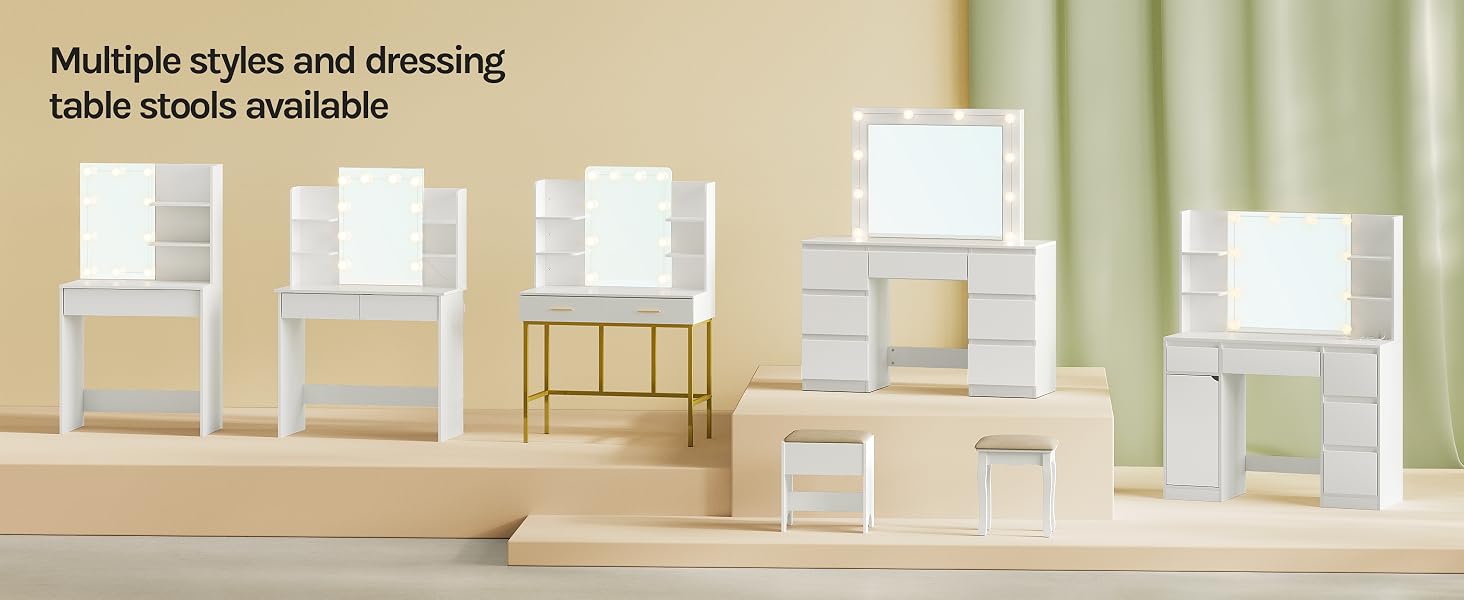 a dressing room with a dressing table and stools.
