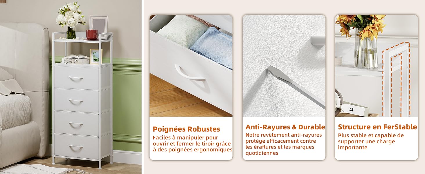 Le texte se lit comme suit : « Ordnung Aufbewahr » sur les étiquettes d'emballage des produits présentant une commode blanche, des objets de décoration et des solutions de rangement organisationnelles exposés dans un cadre domestique.