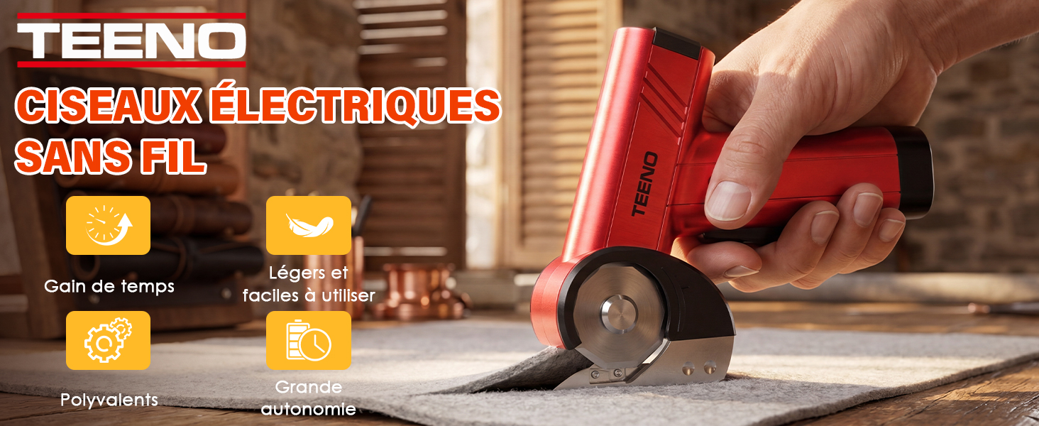 Le texte se lit comme suit : « TEENO CISEAUX ELECTRIQUES SANS FIL », avec les textes supplémentaires « Coupe de Titane » et « Charge USB ». Ciseaux électriques rouges au design sans fil présentés avec démonstration de l'action de coupe sur une surface en bois.