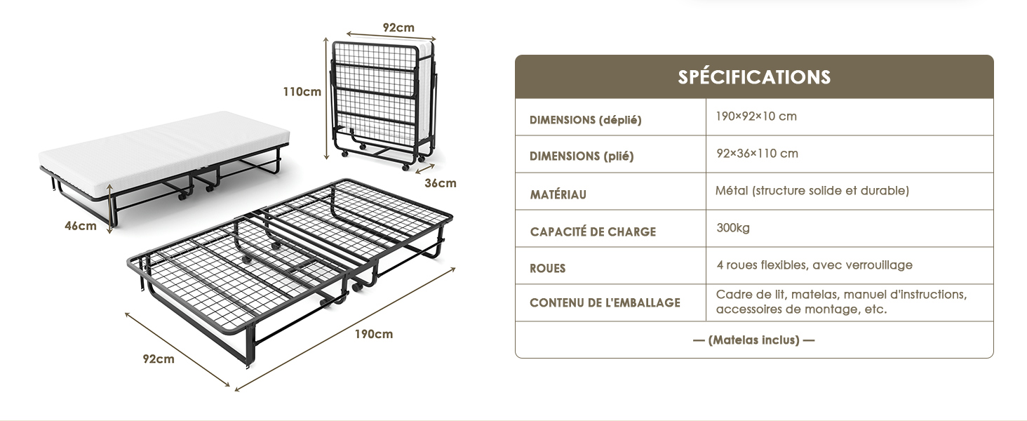 Schéma des spécifications techniques présentant les instructions de montage d'un lit ou d'un meuble avec mécanisme de pliage. Comprend des mesures détaillées et des composants structuraux dans une vue schématique.