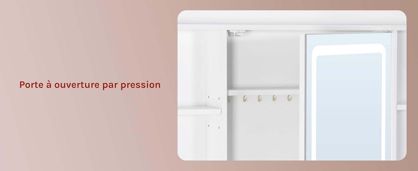 Le texte se lit comme suit : « Porte à ouverture par pression ». Étagère blanche avec compartiments ouverts et porte vitrée sur fond beige.