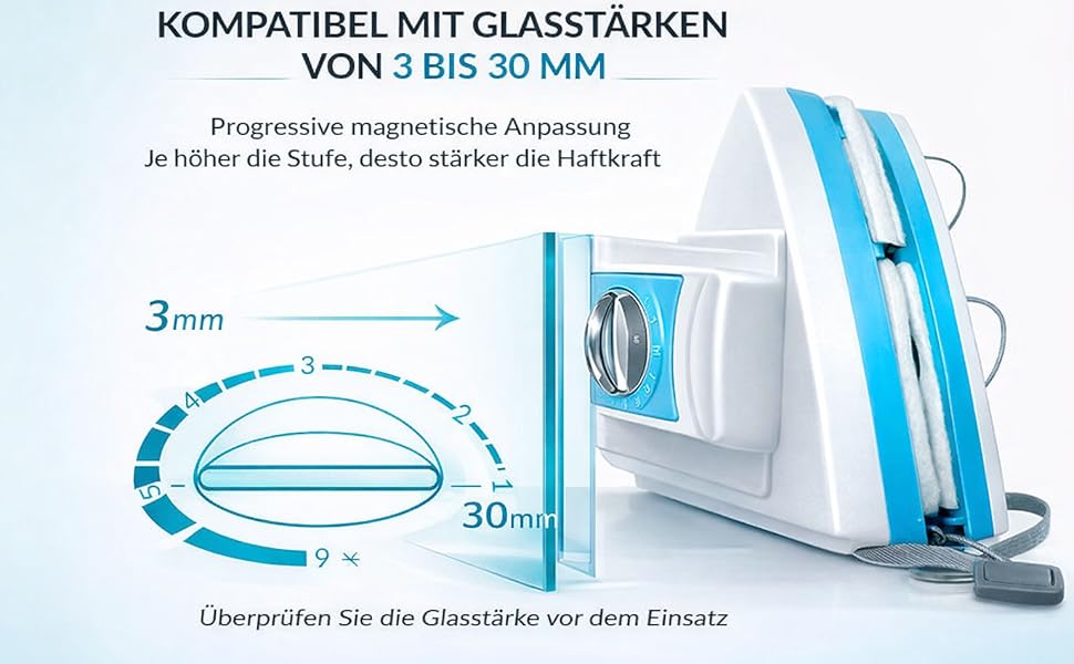 Der Text lautet „KOMPATIBEL MIT GLASSTÄRKEN VON 3 BIS 30 MM“. Technisches Diagramm mit Abmessungen von 3 mm bis 30 mm mit blauen und durchsichtigen Montageteilen.