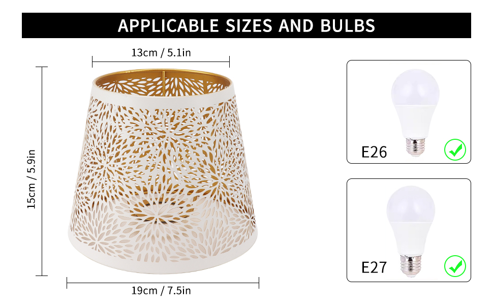 Abat-jour en métal blanc avec motif floral découpé complexe. Dimensions : 19 cm de diamètre, 14 cm de hauteur. Compatible avec les ampoules E26 et E27