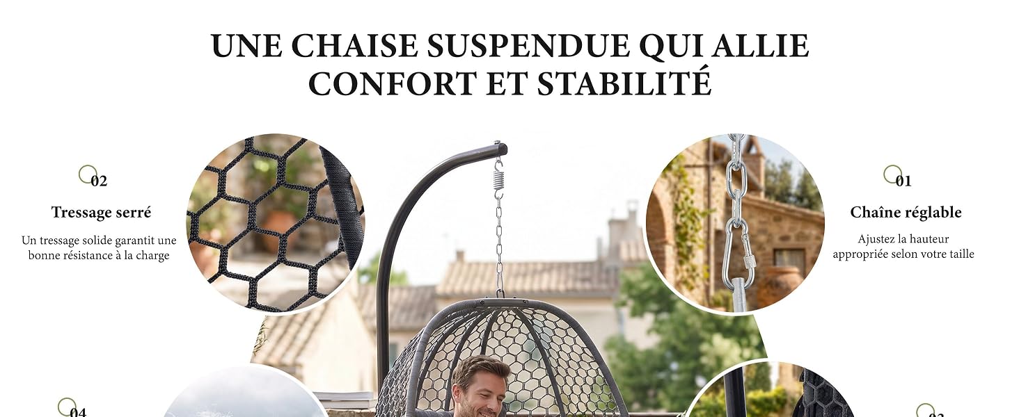 Le texte se lit comme suit : « UNE CHAISE SUSPENDUE QUI ALLIE CONFORT ET STABILITÉ » montre un fauteuil suspendu orné d'un feuillage végétal vert et un cadre architectural, illustrant la conception de sièges suspendus.