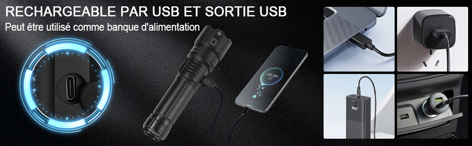 avec plusieurs panneaux indiquant les ports de connexion et un indicateur de charge illuminé en bleu.