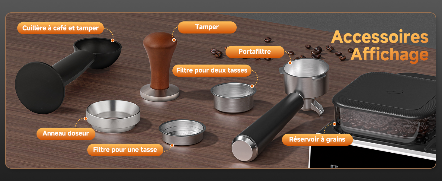 Le texte indique « Accessoires » et « Affichage ». Schéma de démonstration du produit montrant divers composants métalliques disposés sur une surface sombre avec des accents orange.