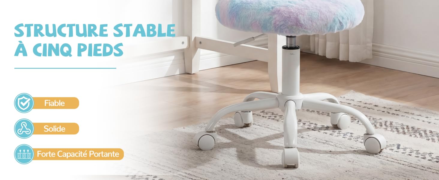 Le texte indique « STRUCTURE STABLE À CINQ PIEDS ». Composant de base de chaise de bureau présentant un design à cinq branches avec des roues de couleur blanche.