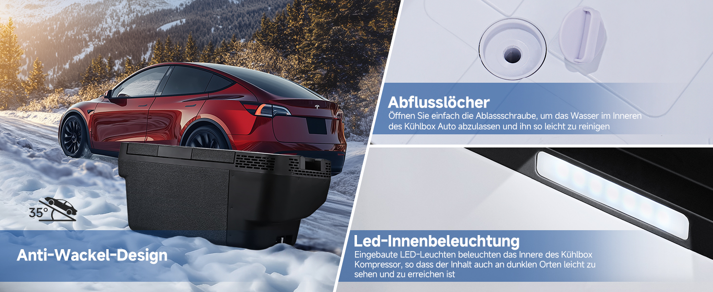 Geteiltes Bild, das eine Autodachbox zeigt: rotes Auto in verschneiter Landschaft, detaillierte Entwässerungslöcher, wackelfestes Design und LED-Innenbeleuchtung