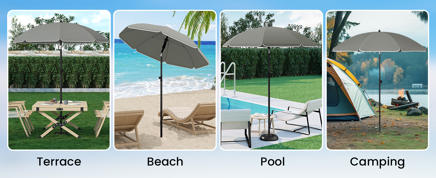Outdoor umbrella shown in four settings: terrace with chairs, beach with loungers, poolside, and camping site. Large, sturdy design for sun protection in various environments.