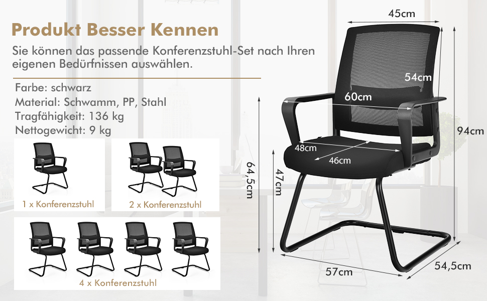Bürostuhl mit Rückenlehne Konferenzstuhl Computerstuhl Schreibtischstuhl für Büro Arbeitszimmer