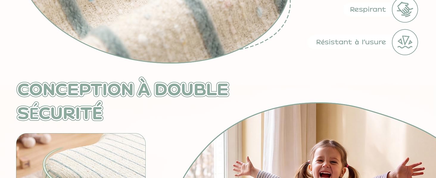 Le texte se lit comme suit : « CONCEPTION À DOUBLE SÉCURITÉ ». L'image circulaire du produit en haut à gauche, en bas à droite montre un couple au lit. Éléments de conception Wave, texte en français.
