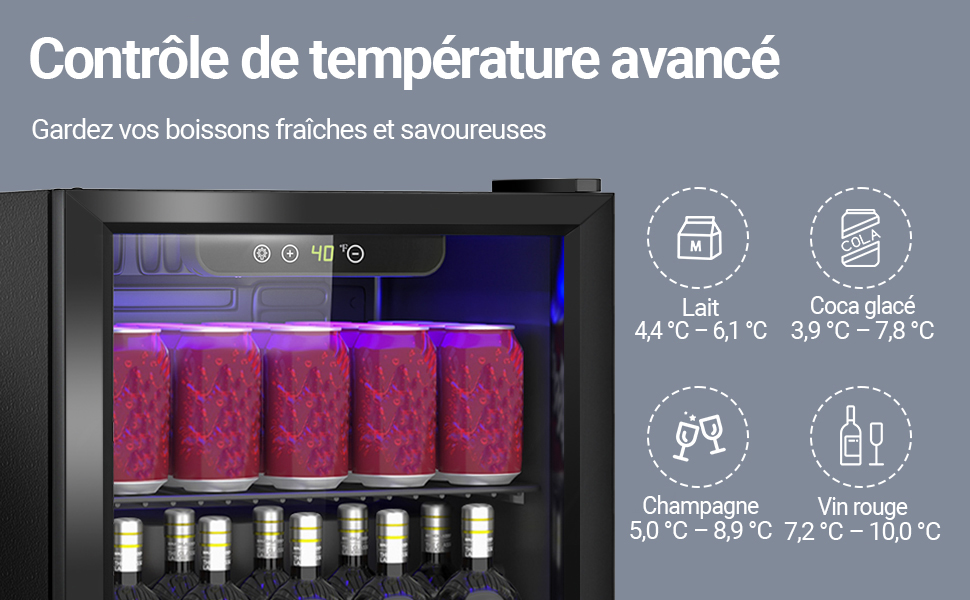 Der Text lautet „Contrôle de température avancé“ und „Gardez vos boissons fraîches et savoureuses“. Zeigt die Schnittstelle zur Temperatursteuerung mit beleuchtetem Flaschendisplay.