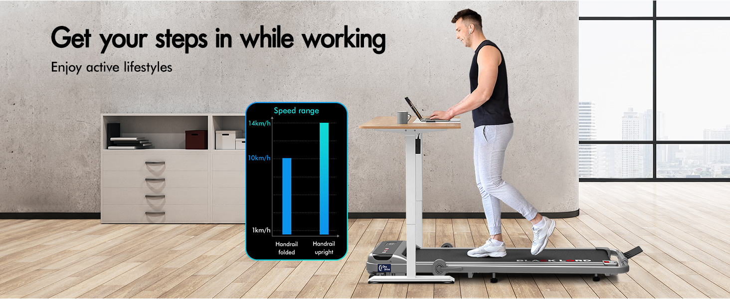 Under-desk treadmill with mobile app interface showing step tracking data, demonstrated in a minimalist office setting.