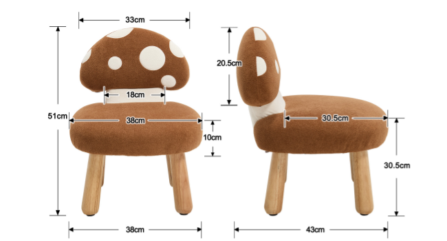 Schéma technique montrant les dimensions d'un design de chaise en peluche sous plusieurs angles. Chaise rembourrée marron avec dossier incurvé, mesures indiquées en centimètres dont 35 cm de largeur et 43 cm de profondeur.