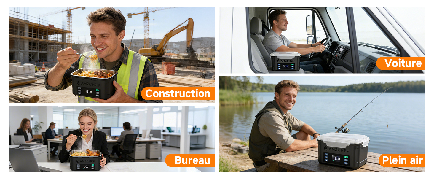 Le texte indique « Construction », « Bureau », « Park Jr ». Composite à quatre panneaux montrant des personnes au travail ou à l'extérieur avec des étiquettes de texte orange identifiant différents scénarios ou rôles.
