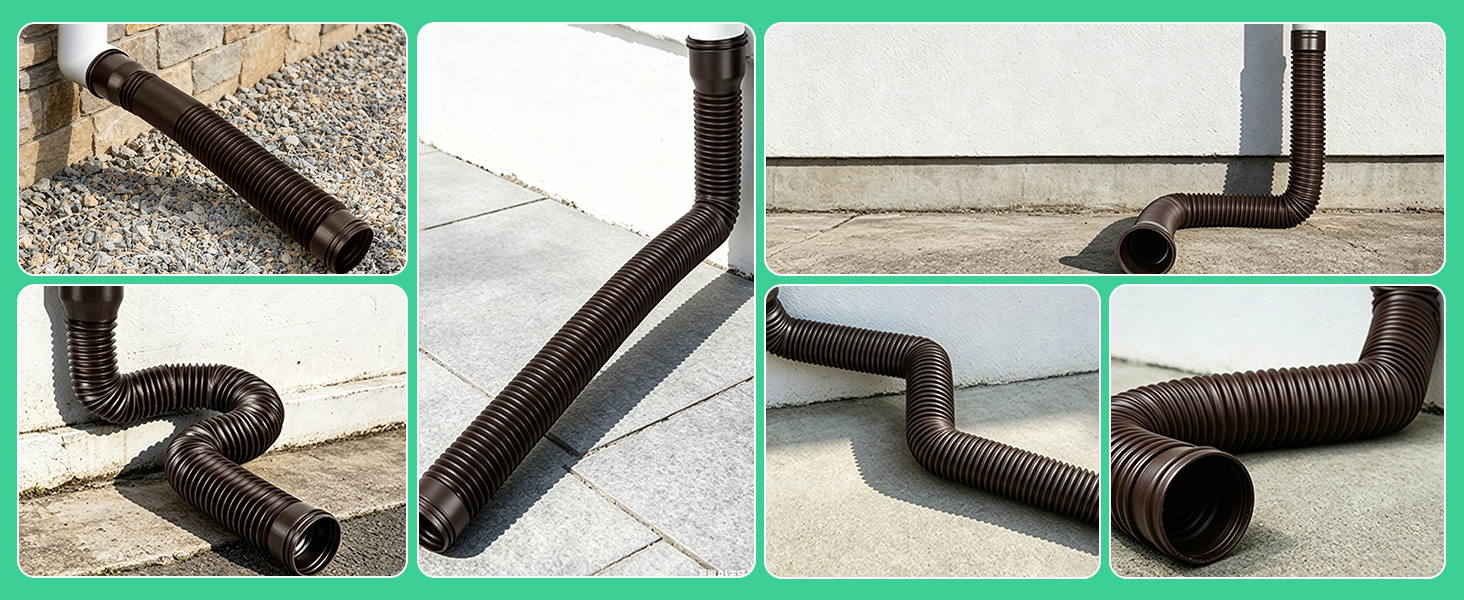 Grille de quatre photographies montrant des tubes de drainage ou de ventilation noirs, des raccords et des composants de tuyauterie flexibles sous différents angles avec des accents verts dans les coins.