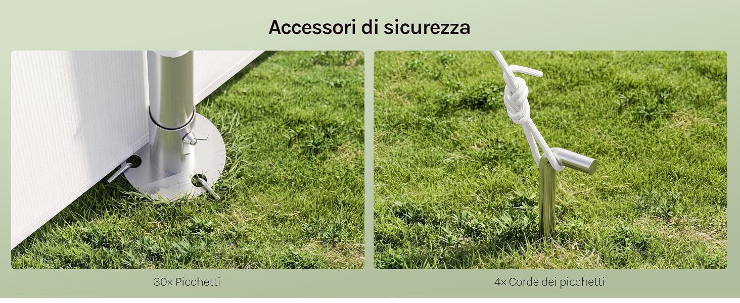 Il testo recita 'Accessori di sicurezza', 'Anti-Fouling' e 'Cerimonia vertele'. Sono mostrati due accessori di sicurezza: picchetto e connettore antiribaltamento per l'installazione di apparecchiature esterne.