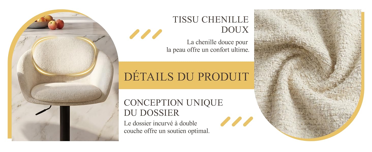 Le texte indique « DÉTAILS DU PRODUIT » et « CONCEPTION UNIQUE DE DOSSIER ». Mise en page des informations sur le produit avec des illustrations techniques et des descriptions textuelles en français.