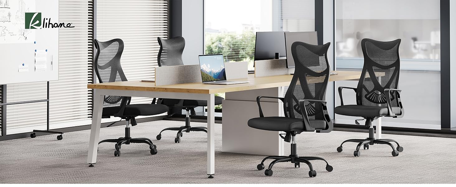 Multiple views of black mesh office chairs in modern office setting, showing different angles and positioning of the ergonomic desk chairs.