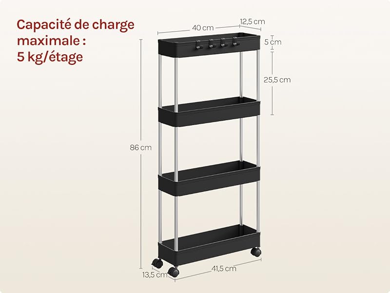 Le texte indique « Capacité de charge maximale : 5 kg/étage ». Schéma technique montrant les dimensions et les mesures d'une étagère de rangement à plusieurs niveaux.