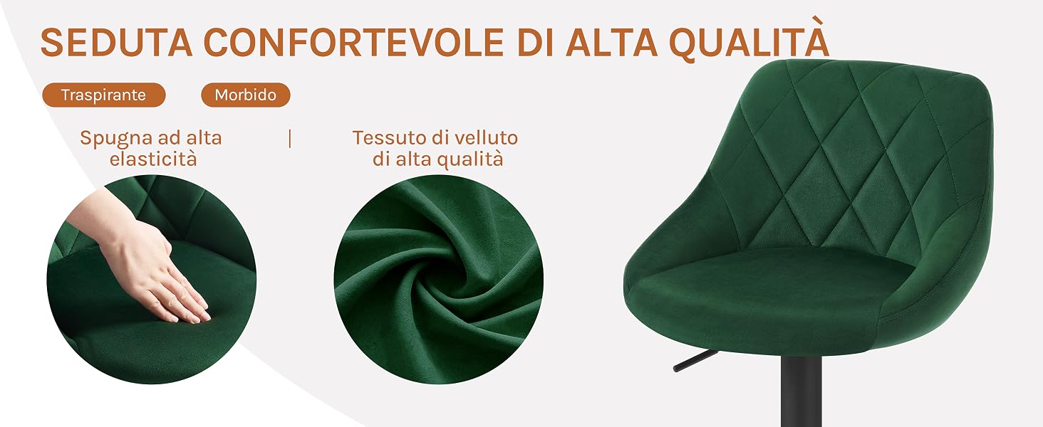 Sedia in velluto verde con motivo a rombi trapuntato. Presenta un'imbottitura in schiuma ad alta densità e un rivestimento in velluto di alta qualità. Seduta circolare