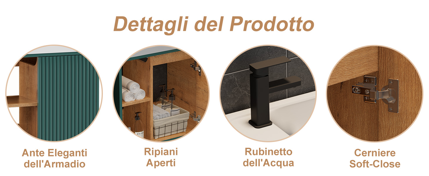 Il testo recita «Dettagli del Prodotto», «Anta Eleganti dell'Armadio», «Ripiani Aperti», «Rubinetto dell'Acqua», «Cerniere Soft-Close». Quattro immagini circolari di dettaglio che mostrano le caratteristiche interne dei mobili: pannelli a righe, scaffali aperti, rubinetteria e finitura con venature del legno.