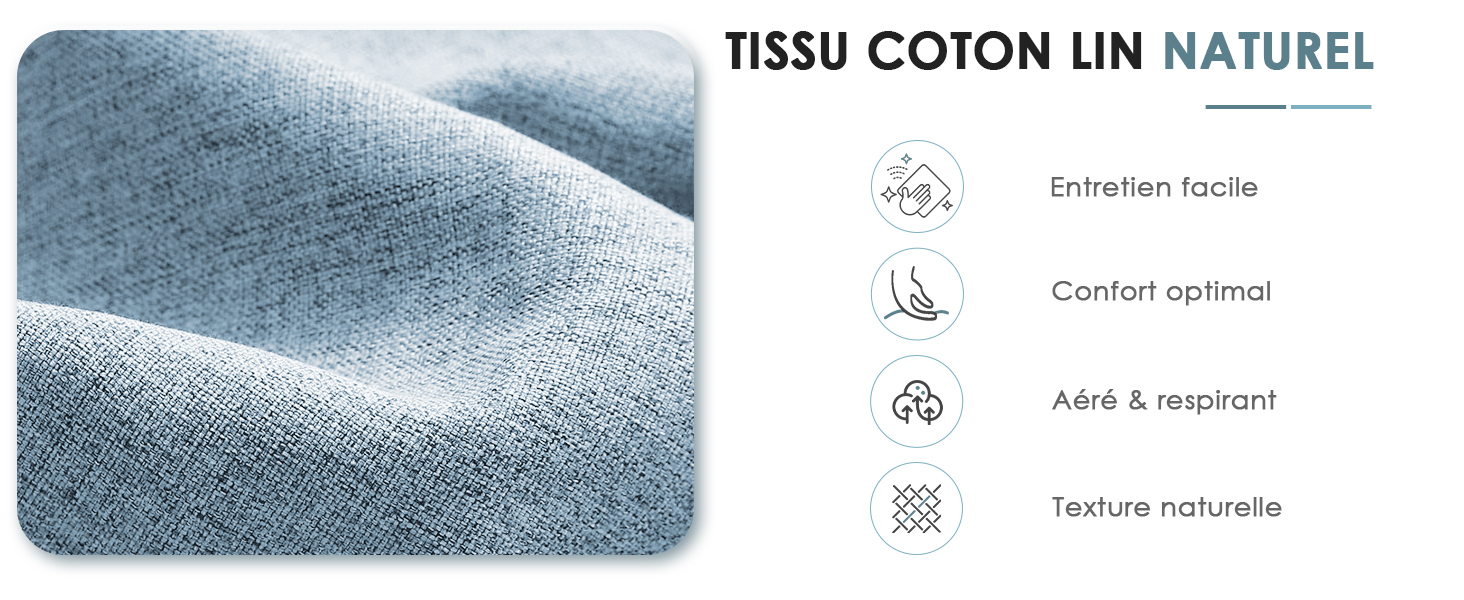 Le texte indique « TISSU COTON UN NATUREL » avec des icônes de produits indiquant les caractéristiques. Gros plan du tissu textile bleu avec les détails des spécifications répertoriés.