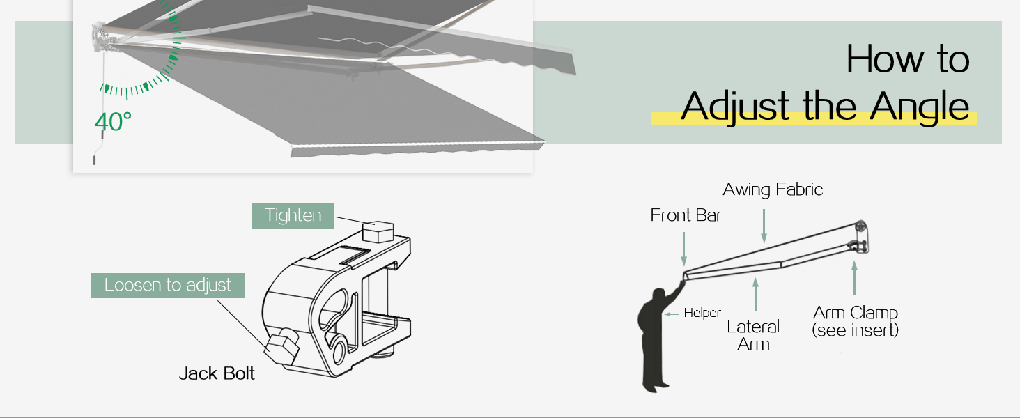 Der Text lautet: „So geht's“, „Passen Sie den Winkel an“. Diagramme mit technischen Anweisungen, die den schrittweisen Einstellvorgang mit Pfeilen und Maßen zeigen.