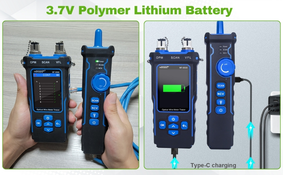 avec boutons bleus et affichage numérique. Comprend un port de charge de type C. Utilisé à des fins de test ou de mesure, plusieurs unités étant indiquées en cours d'utilisation et de charge.