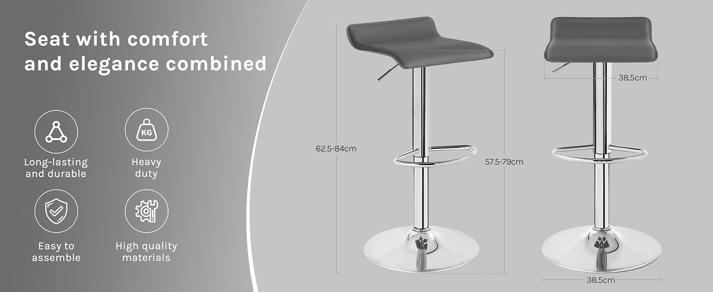 Technical diagram showing adjustable bar stool specifications with height measurements and comfort features indicated by icons.