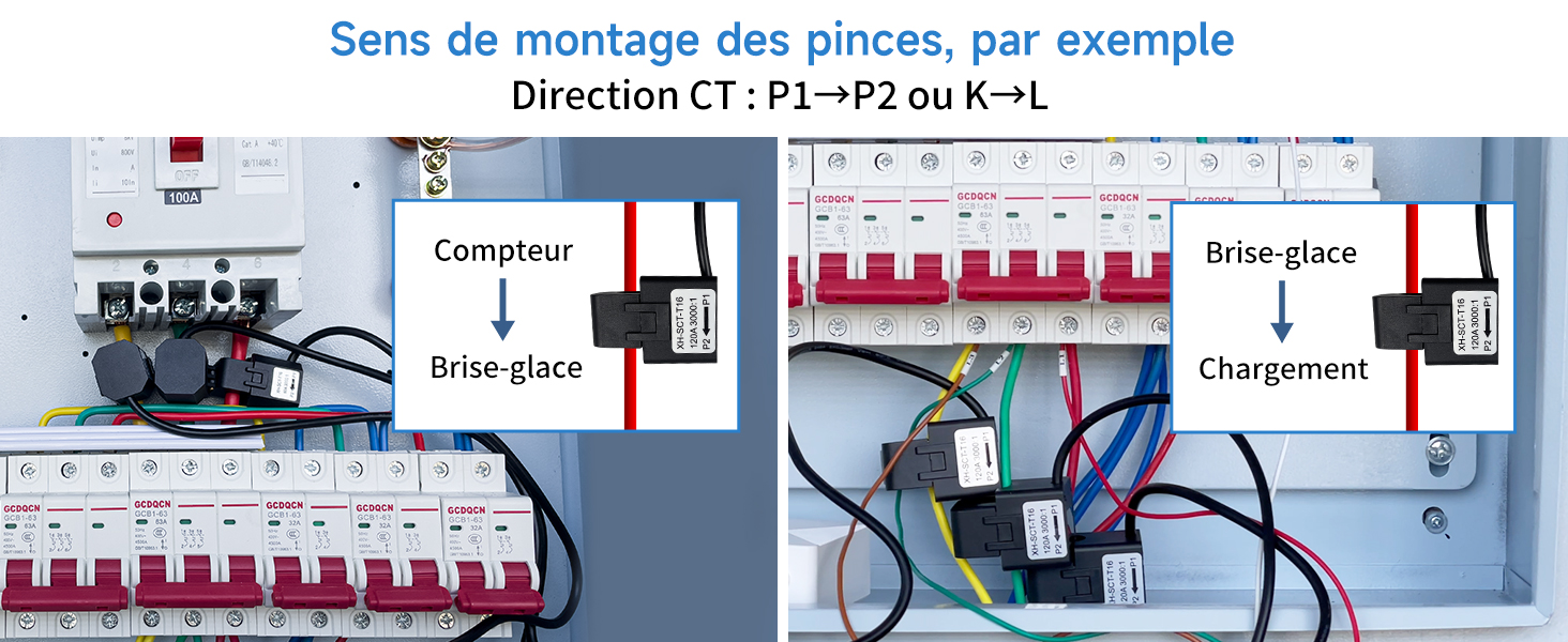 Diagrama del panel eléctrico que muestra la dirección de instalación correcta de los interruptores automáticos. Incluye componentes etiquetados como el medidor, el interruptor principal y el protector contra sobretensiones.