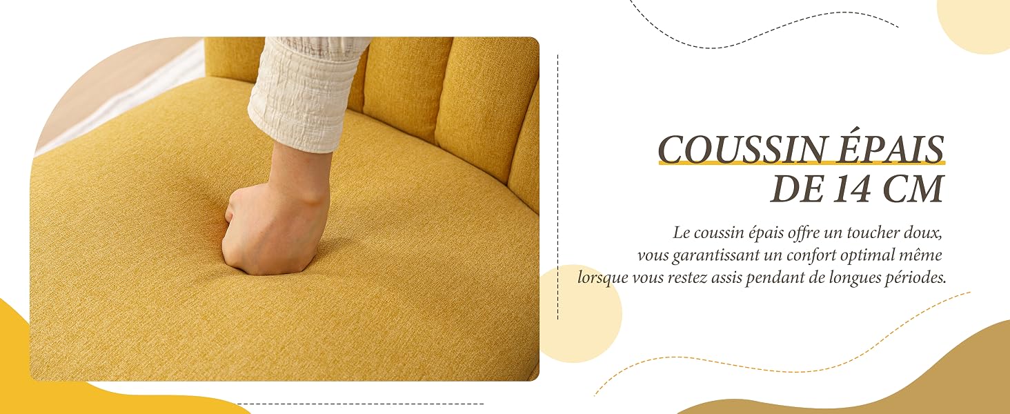 Le texte indique « COUSSIN ÉPRAIS DE 14 CM ». Produit de coussin présenté avec les pieds de la personne sur une surface texturée jaune doré, démontrant le confort et la douceur du matériau de rembourrage de 14 cm d'épaisseur.