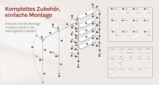 Diagramm der Montageanleitung mit nummerierten Anschlüssen und Montageschritten, mit dem deutschen Text „Komplettes Zubehör, einfache Montage“ oben.