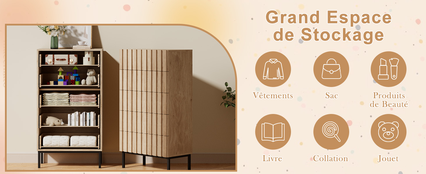 Le texte indique « Grand Espace de Stockage ». Image du produit montrant une étagère de rangement en bois brun avec des panneaux verticaux à côté.