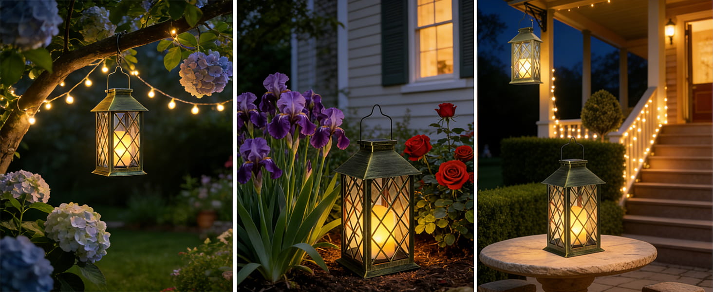Série de scènes de soirée en plein air montrant des lanternes illuminées le long des allées et des escaliers du jardin, créant un éclairage d'ambiance dans des environnements paysagers.