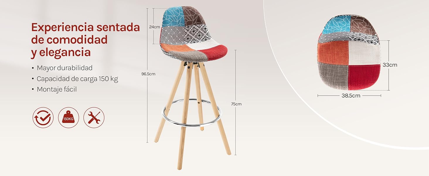 Patchwork con asiento de tela multicolor y patas de madera. Las características incluyen 75 cm de altura, respaldo acolchado y giro de 360°. El producto muestra comodidad