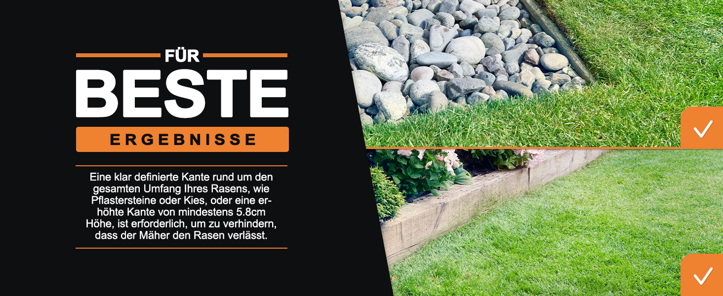 Geteiltes Bild von Materialien für die Landschaftsgestaltung.
[SENTENCE 22] Auf der linken Seite ist der schwarze Text 'FOR BESTE ERGEBNISSE' auf dunklem Hintergrund zu sehen.
[SENTENCE 23] Auf der rechten Seite sind graue Steine oder Kies auf
