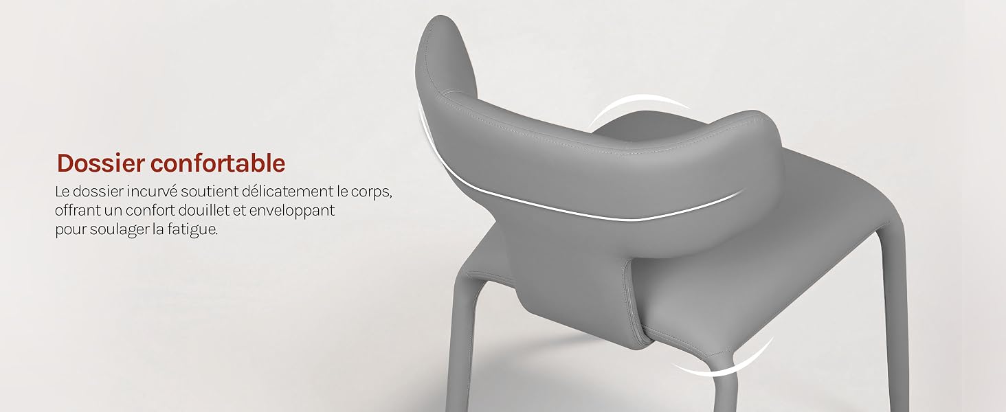Le texte indique « Desolar Confortable ». Conception de chaise ou de chaise longue ergonomique grise présentée sous plusieurs angles, avec des contours incurvés.