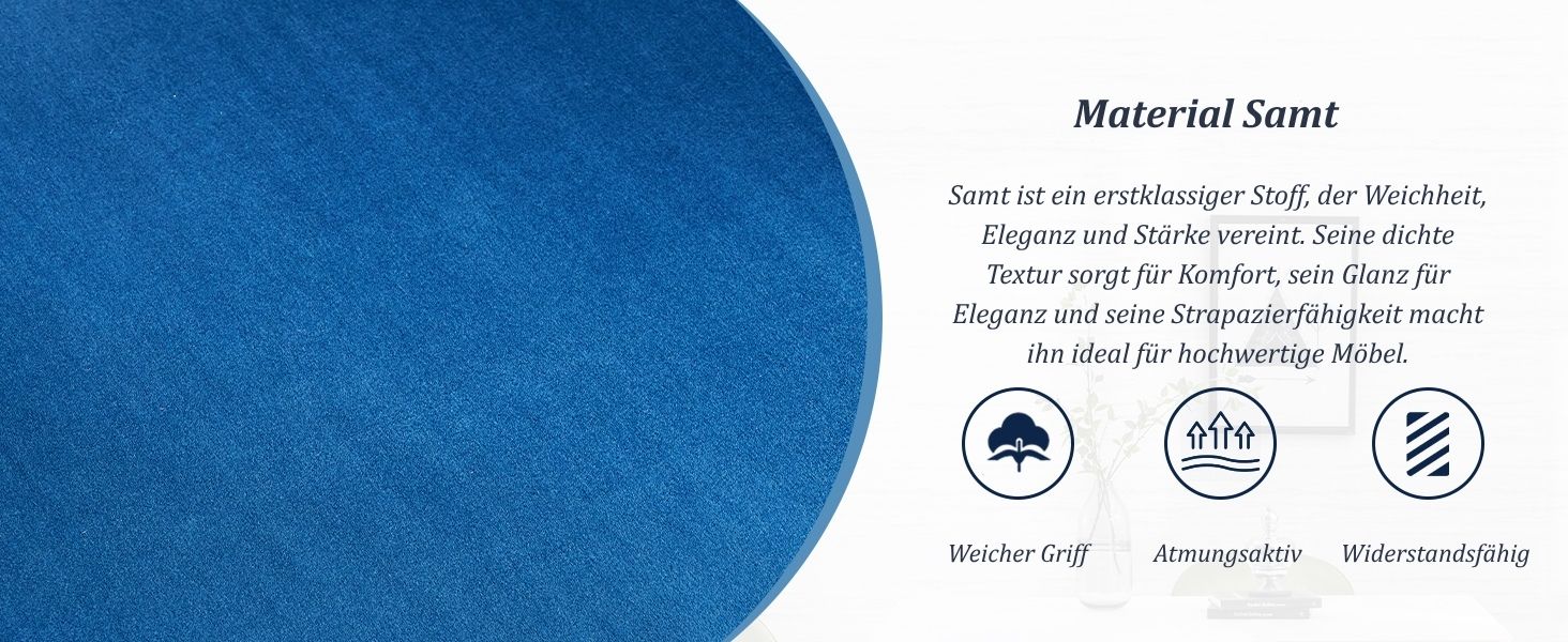 Blaues strukturiertes Materialmuster mit drei kreisförmigen Symbolen unten, die die Produktspezifikationen anzeigen.