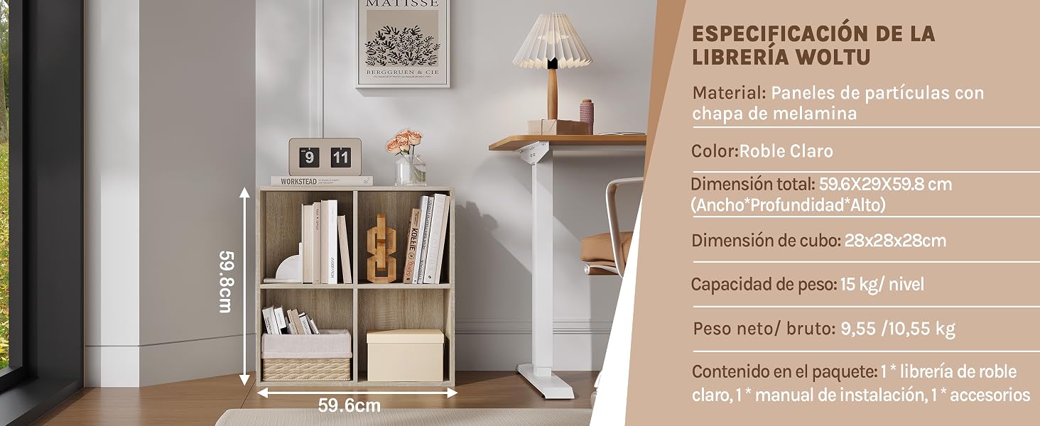 Moderna estantería de pared con acabado de madera clara, con varios compartimentos y se muestran las especificaciones del producto