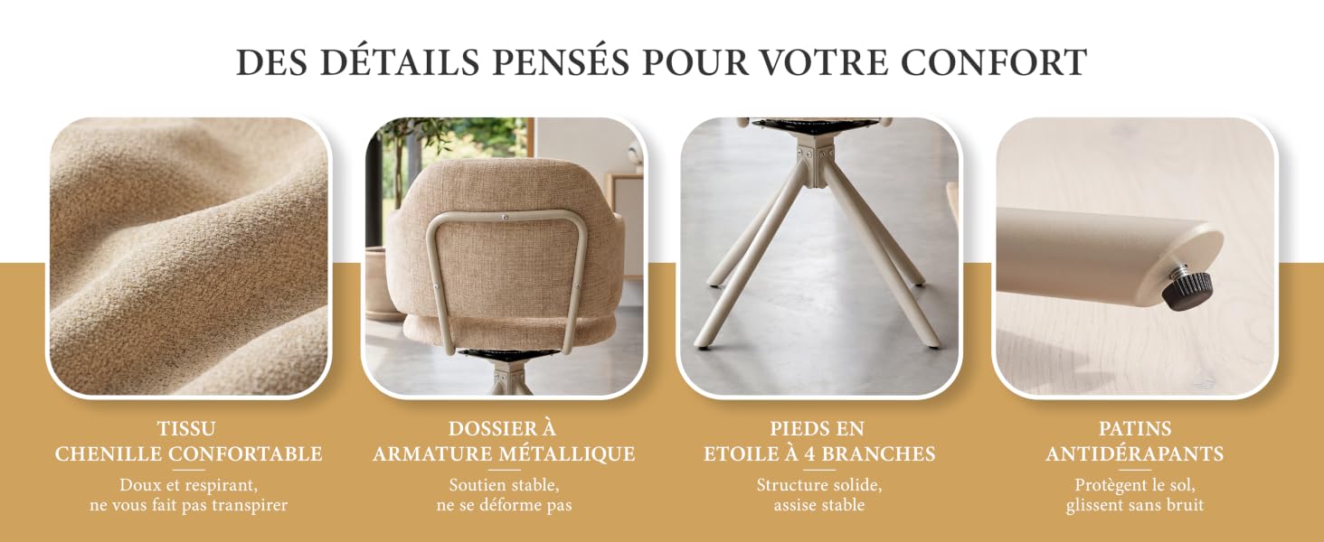 Le texte indique « DES DÉTAILS PENSÉS POUR VOTRE CONFORT » avec quatre images détaillées du produit montrant les textures et les matériaux, notamment la surface rembourrée, les coutures, les bords du tissu et la couche de rembourrage.