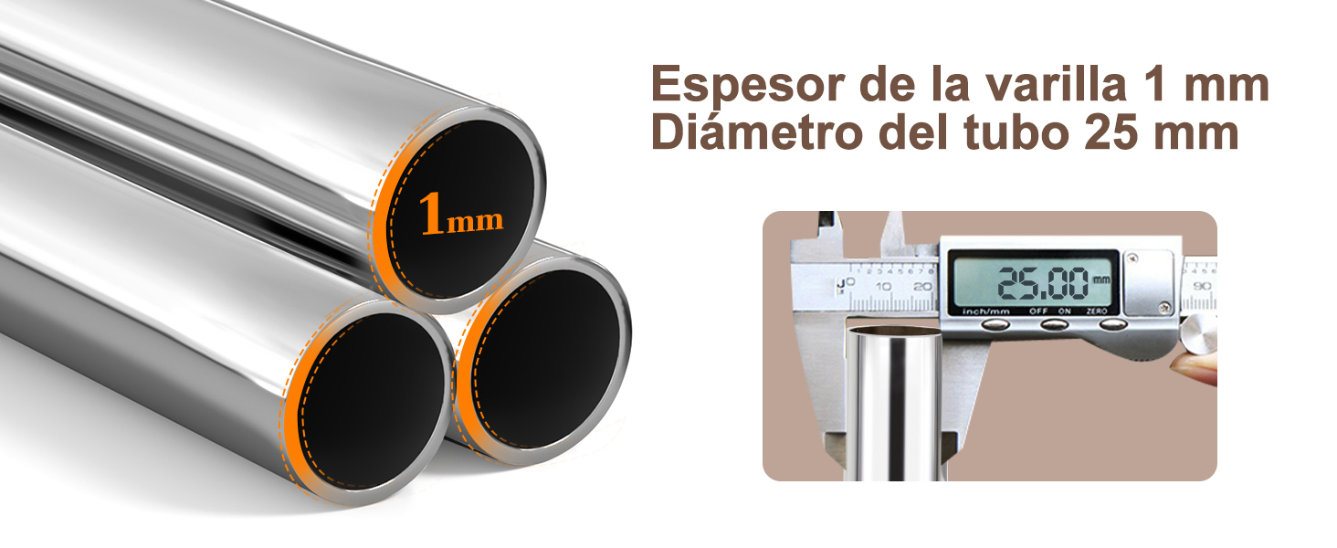 Le texte indique « Espesor de la varilla 1 mm » et « Diámetro del tubo 25 mm ». Les spécifications des tubes métalliques avec une épaisseur de paroi de 1 mm sont indiquées avec l'affichage de l'étrier de mesure.