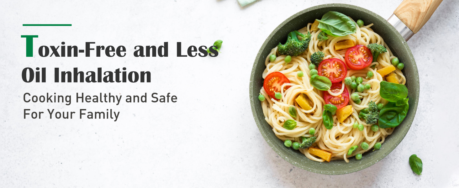 Colorful vegetable pasta dish in a pan. Text overlay mentions 'Toxin-Free and Less Oil Inhalation' and 'Cooking Healthy and Safe For Your Family'.