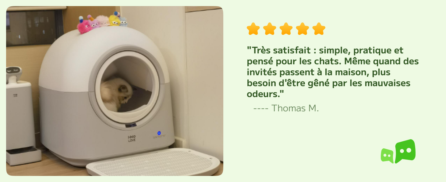 Le texte se lit comme suit : « Cet adhésif est simple, protège à 98 % et tue 99,9 % des germes et des odeurs présents dans la pièce, comme il le ferait pour les odeurs odorantes ? » , « Trouara M. ». Dispositif d'élimination des odeurs d'animaux de compagnie blanc avec orifices d'admission circulaires, évaluation positive indiquée par cinq étoiles.