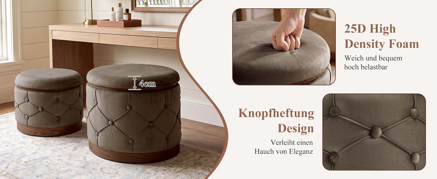Braune geflochtene Aufbewahrungskörbe, die neben dem Bett gestapelt sind. Der Text lautet „Aufbewahrungskörbe“, „Multifunktionales Design“. Auf der Unterseite befindet sich ein geflochtener Hocker in Fackenform in Braunton.