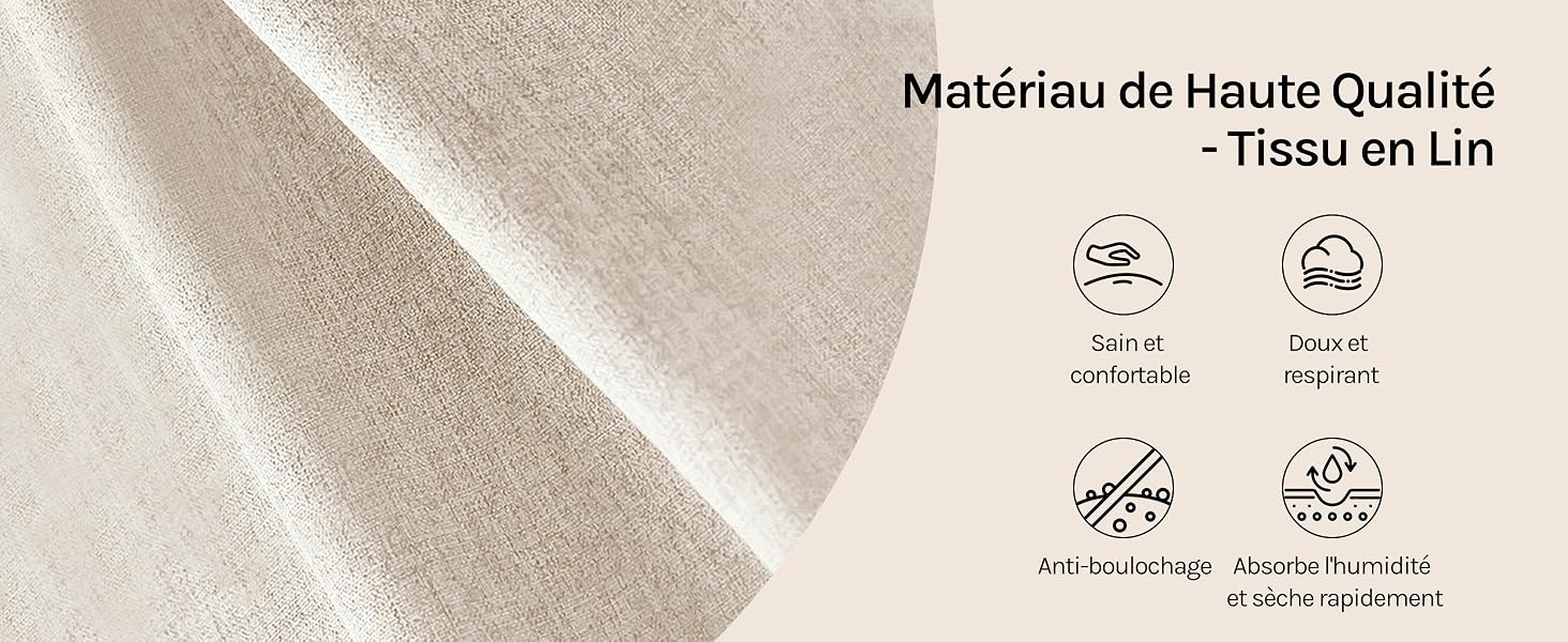 Gros plan d'un tissu en lin de couleur claire avec une texture visible. Quatre icônes mettent en valeur les qualités des matériaux : doux, respirant, antibactérien et durable. Le texte en français décrit une matière en lin de haute qualité.